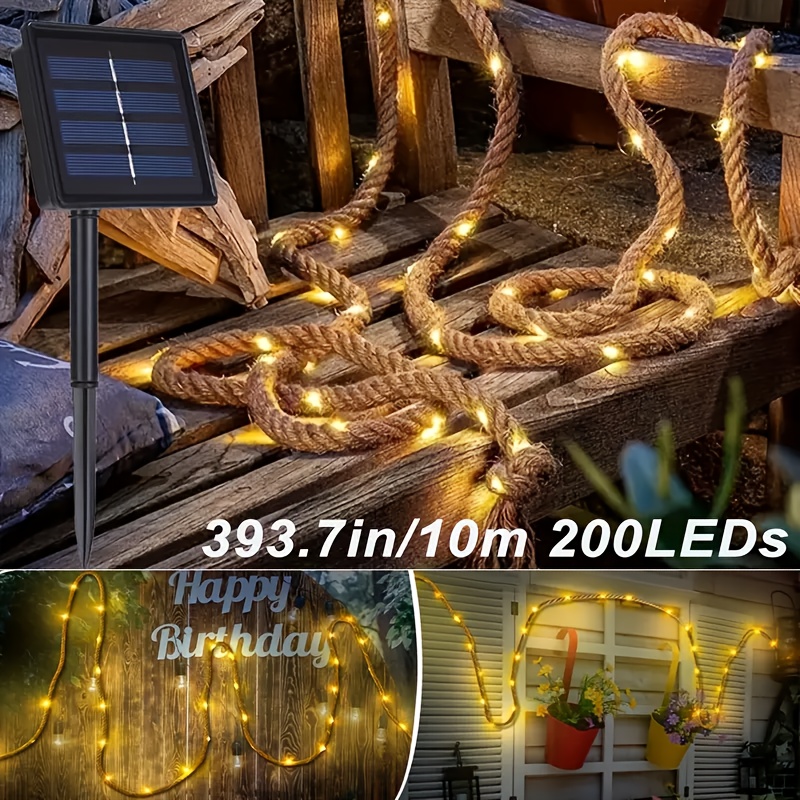 E-shop 2/3er Set Solarbetriebene Hanfseil-Lichterkette, 5M/10M mit 100/200 LEDs, IP65, 8 Beleuchtungsmodi mit Tastensteuerung, für Garten, Terrasse,