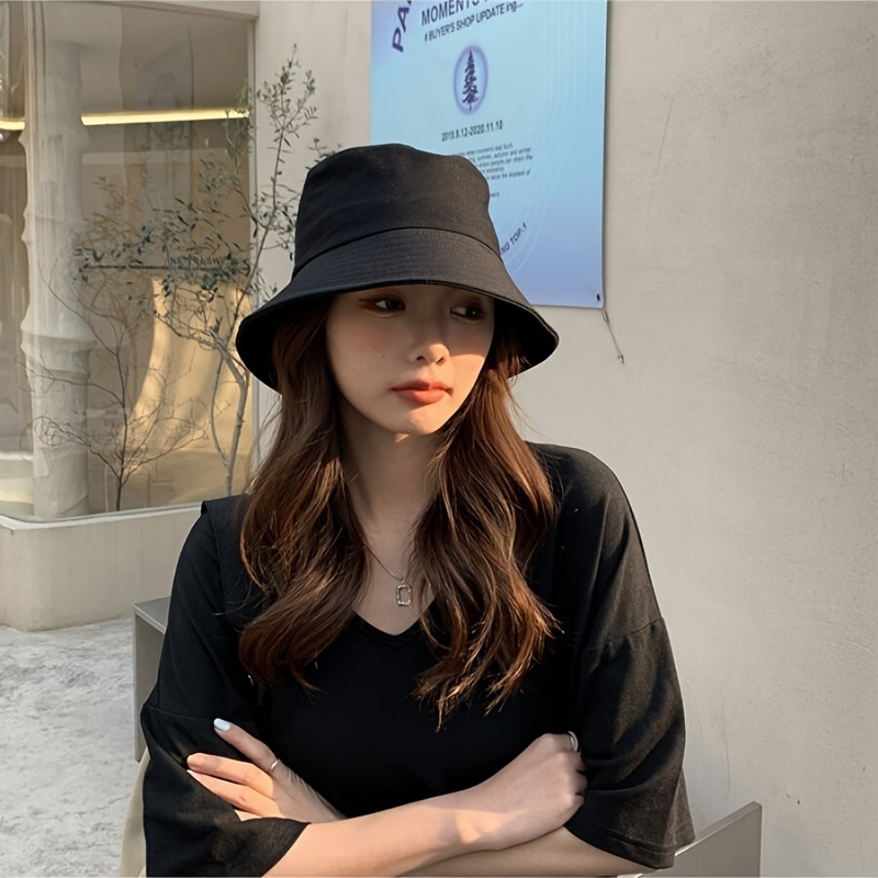 

Black Simple Casual Bucket Hat Lightweight Breathable Basin Hats Outdoor Sunscreen Fisherman Cap For Women Daily Uses