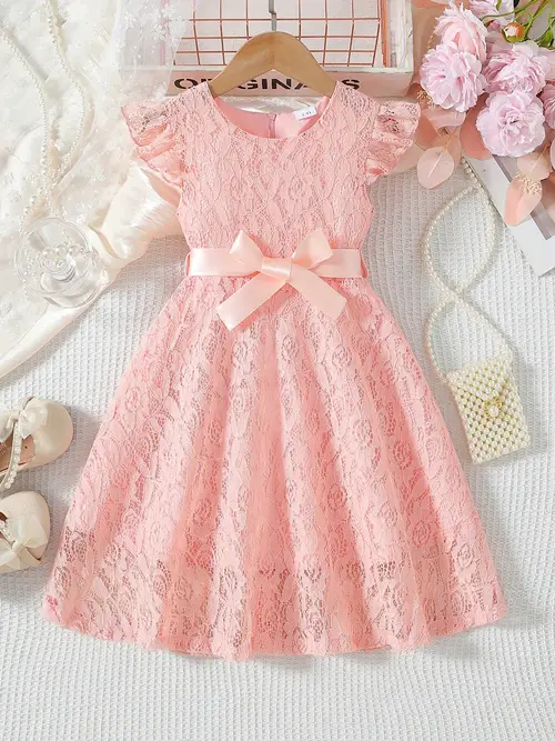 black lace girls dress with sleeves round neck belt elegant summer casual fashion dress for spring summer