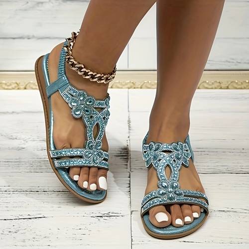 elegant bohemian women s flat sandals with floral rhinestones turquoise open toe design adjustable ankle strap comfortable summer for casual wear strappy sandals