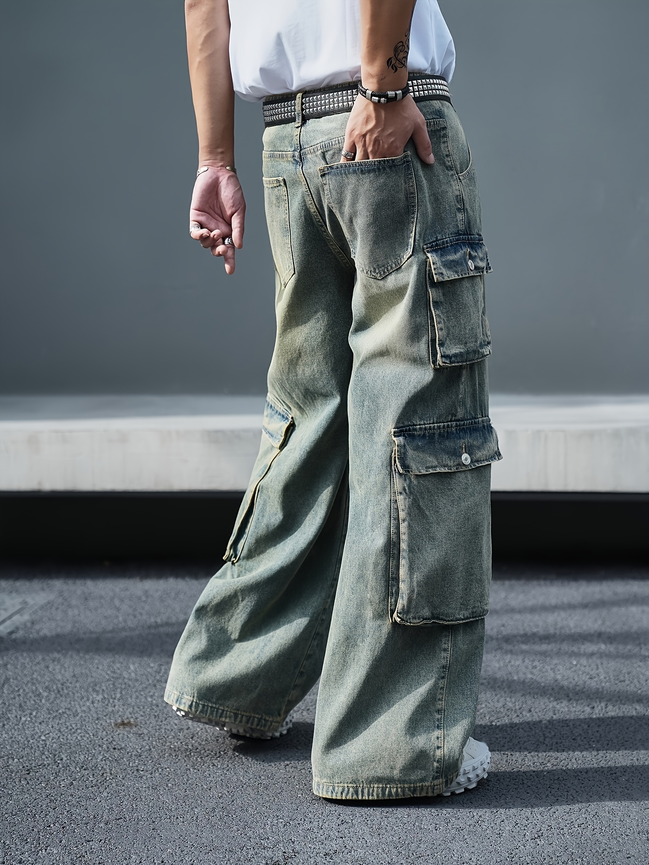 mens loose fit cargo denim casual wide leg denim Temu Philippines