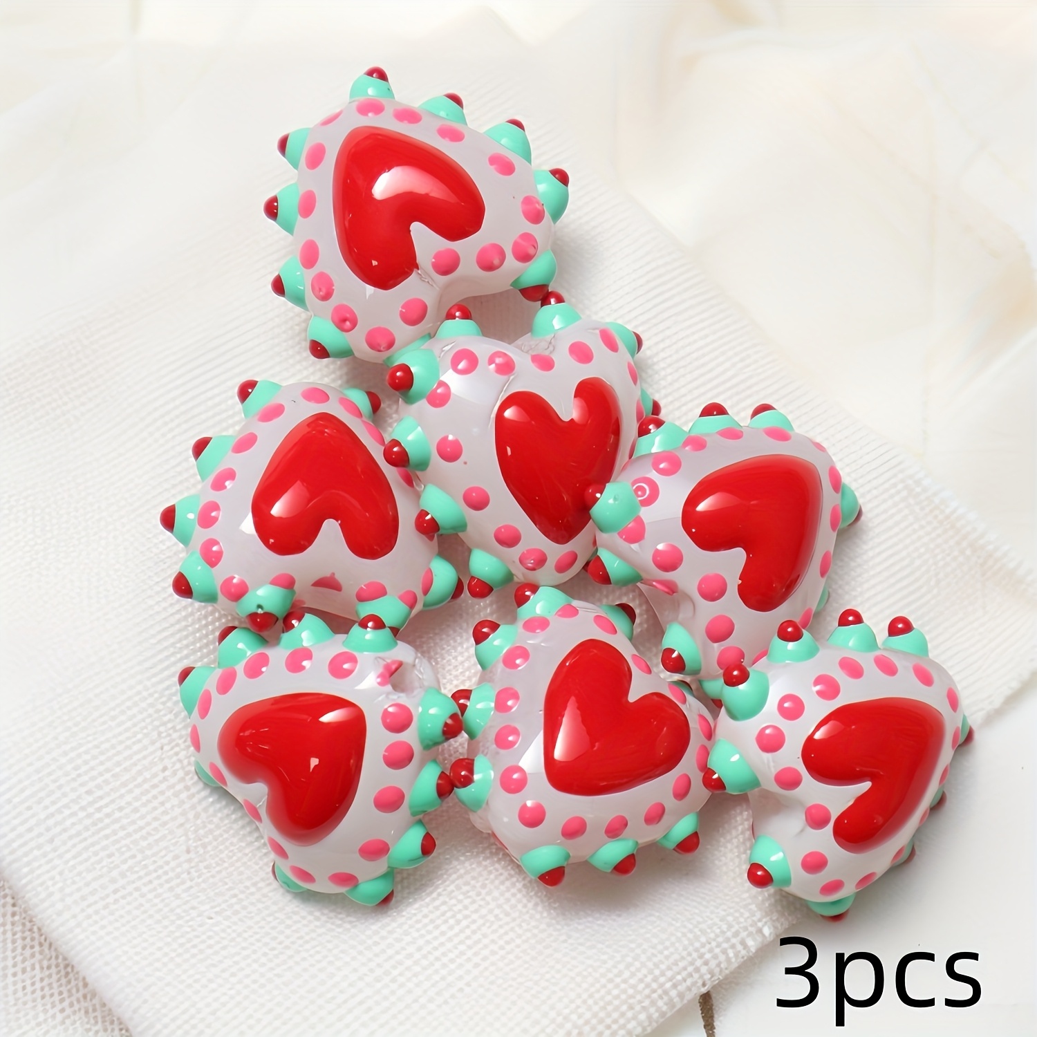TEMU 3 Colorful Dotted Heart Glass Beads, Hand-painted Random Mixed-color Red Heart Style, Suitable For Diy Art Necklaces, Bracelets, Earrings, And