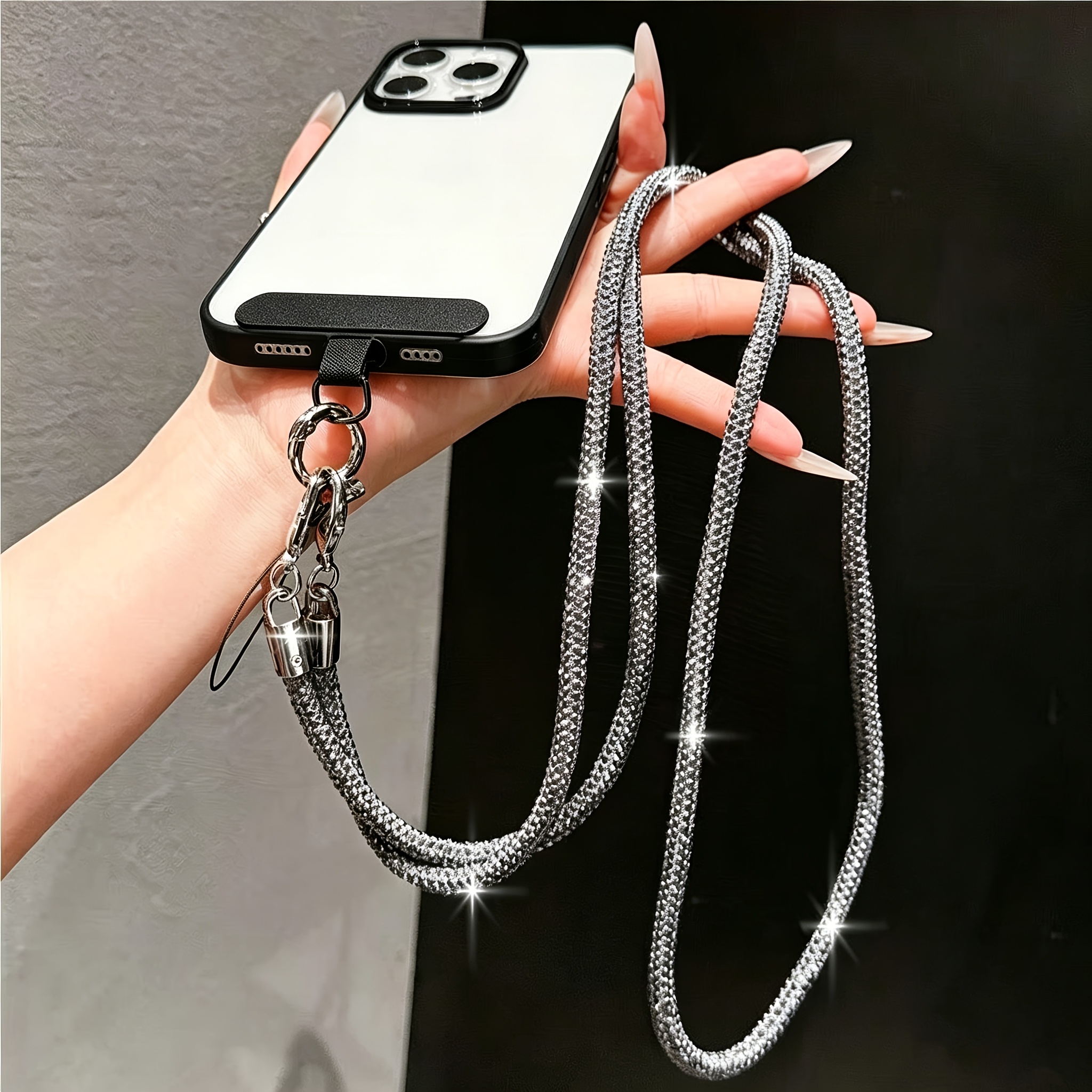 TEMU Cordon de téléphone cool explosant en strass, long, bandoulière portable, , , de luxe, cordon de téléphone, étui d'extérieur, anti-perte, ,