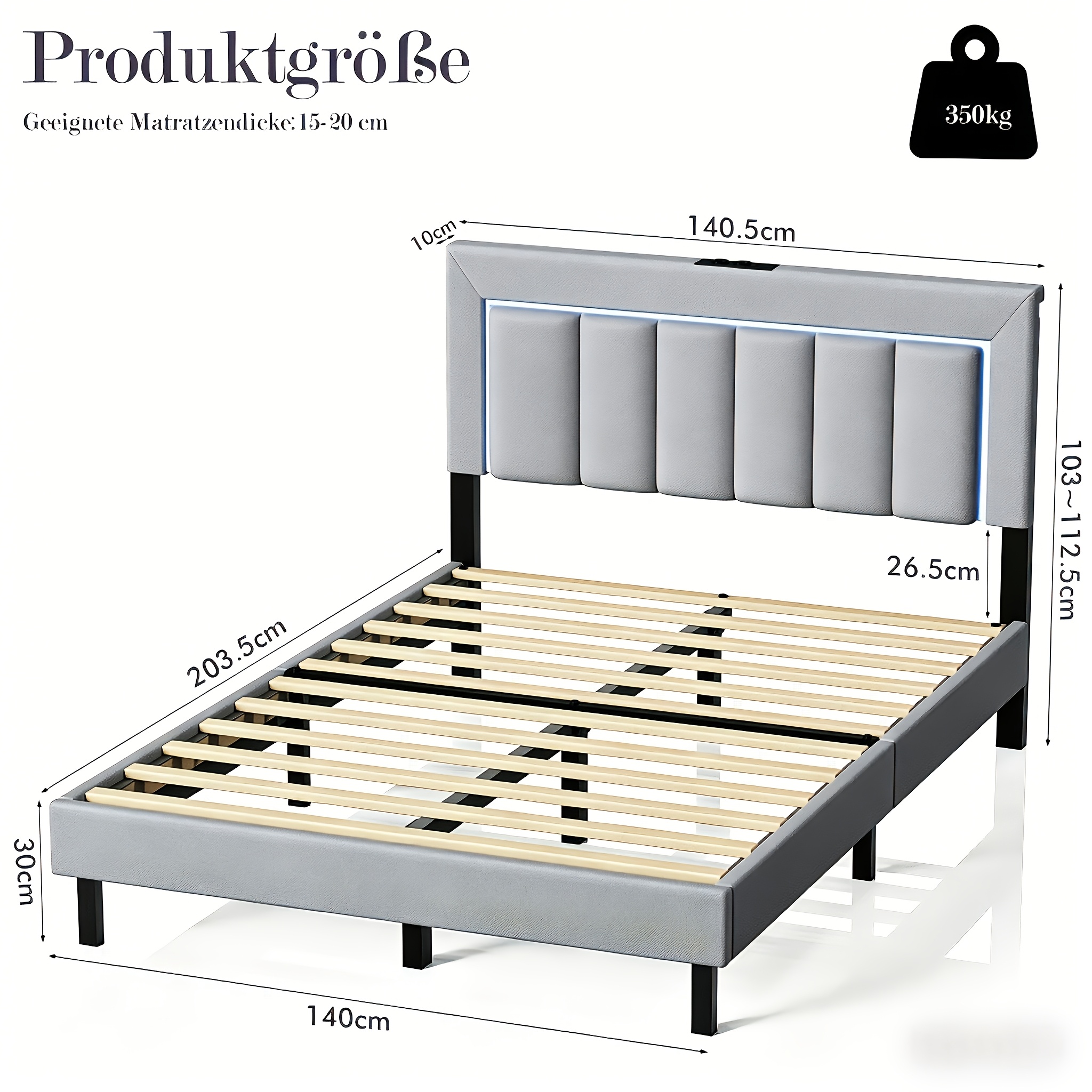 Gray Upholstered Bed Led Double Bed 140x200cm Leather Bed Frame With Light Strips And Usb Port, Wireless Control Adjustable Lighting, Easy Assembly, Wooden Support Slats
