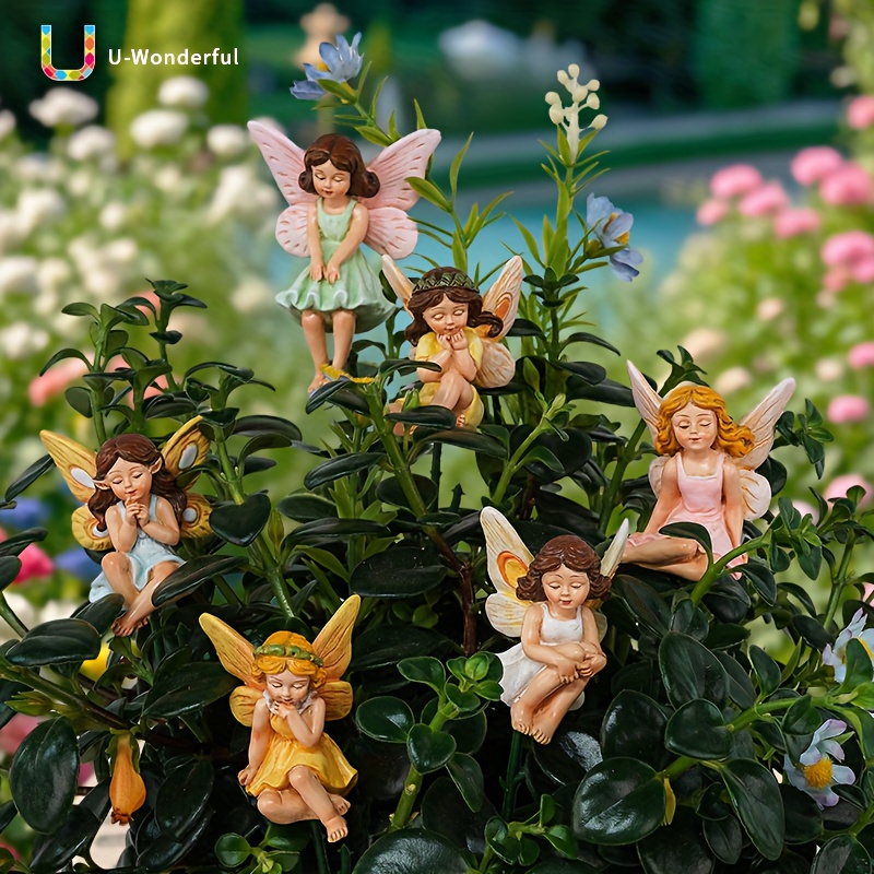 6pcs set of   fairy flower garden decor with wings creative resin miniature planters for indoor and outdoor gardening battery free