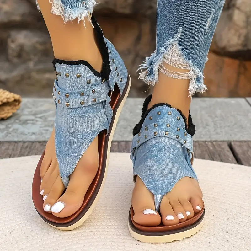 womens summer thong sandals casual flat sandals with denim straps and studded accents breathable canvas for beach wear details 5