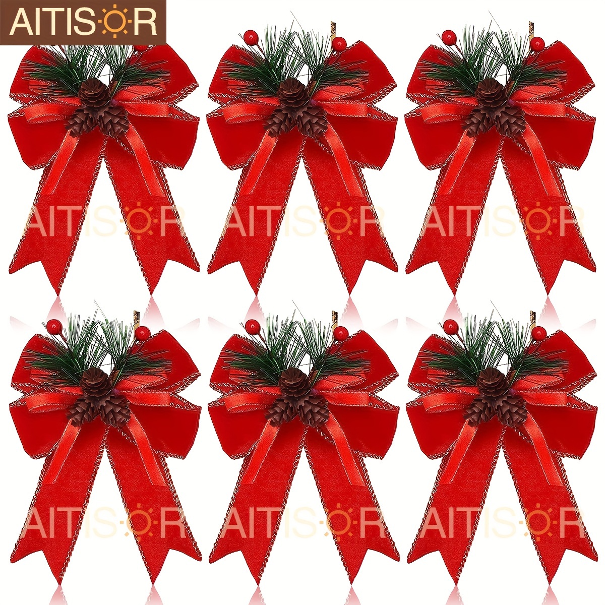 

Aitisor 6-pack Christmas Bows With Pine Cones - Hanging Holiday Decorations For Home & Outdoor, No Power Required, Featherless