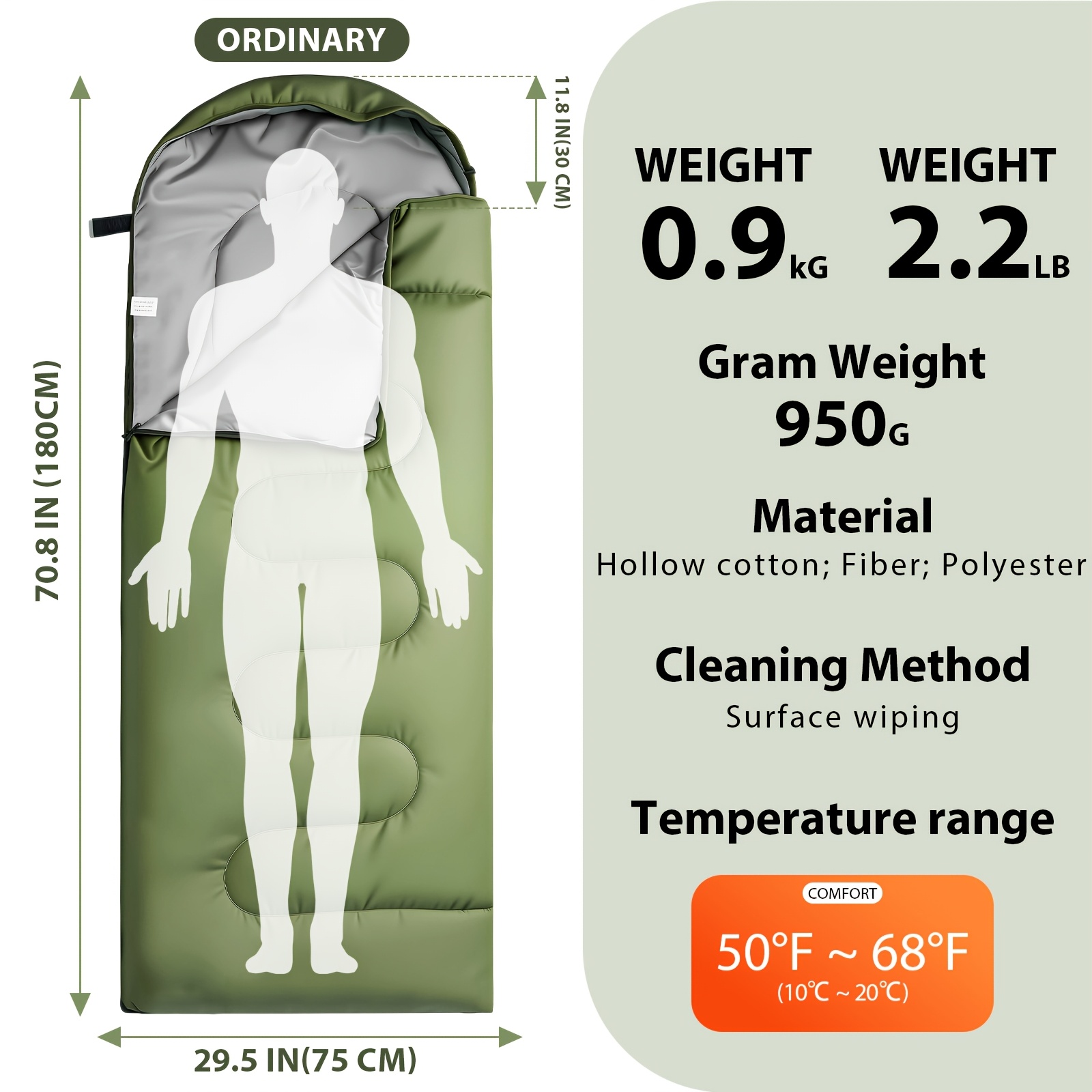 TEMU 4-season Synthetic Sleeping Bag 0.95kg Hollow Fiber Fill, 10-20°, Extra-large Carry Bag, Camping, Hiking/street Sleeping
