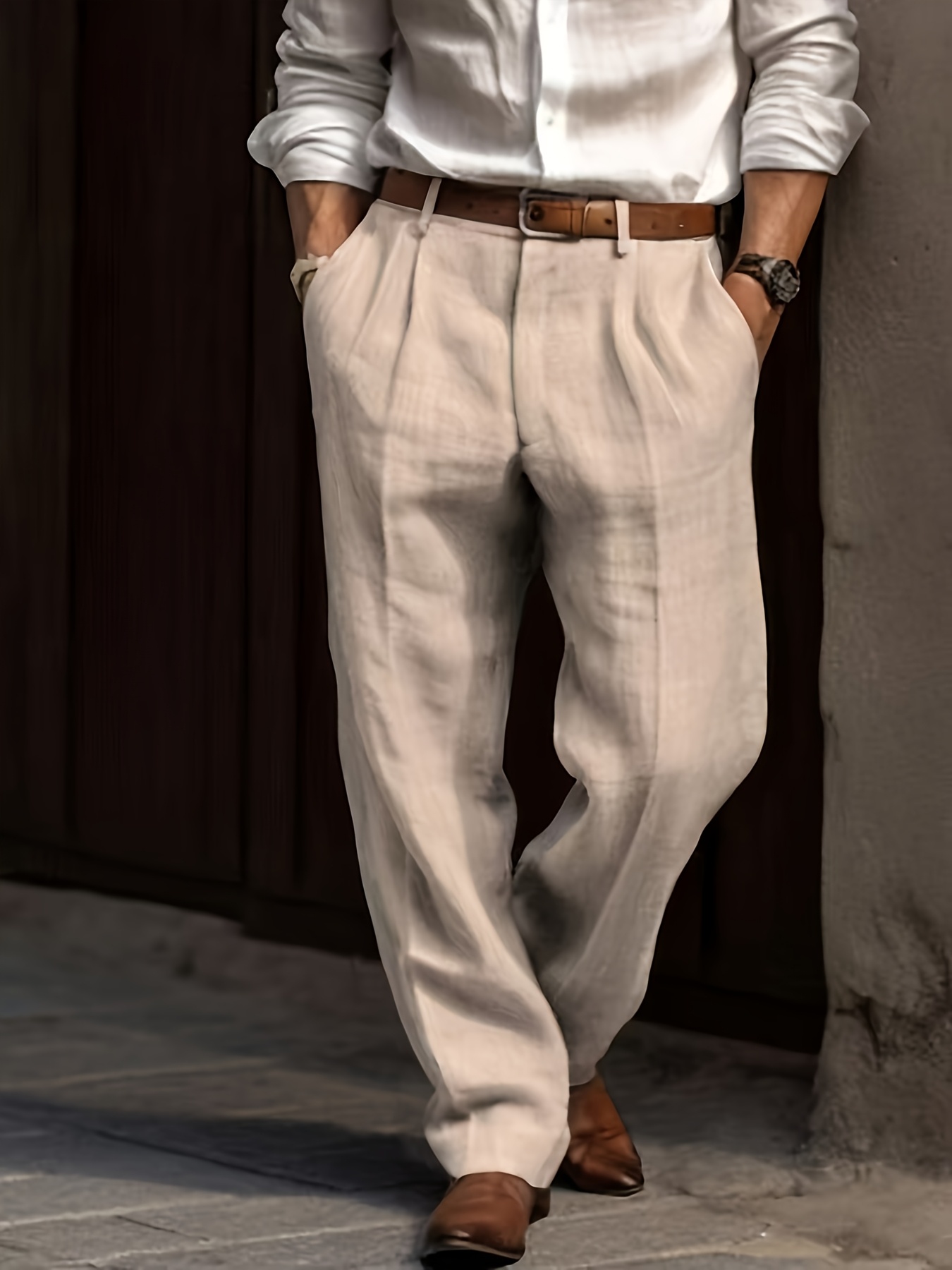 item picture mens old money style linen trousers high waisted straight leg loose fit pants with double   beltless design suitable for casual gym office training breathable machine washable solid    