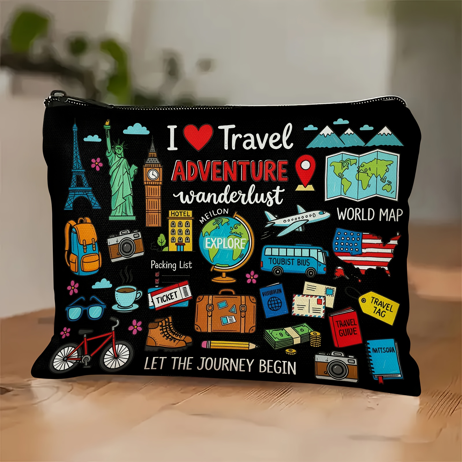 TEMU This Travel-themed Zippered Cosmetic Bag Is A Portable Travel Zippered Cosmetic Bag, Suitable For Storing Cosmetics, Snacks, Toiletries, ,