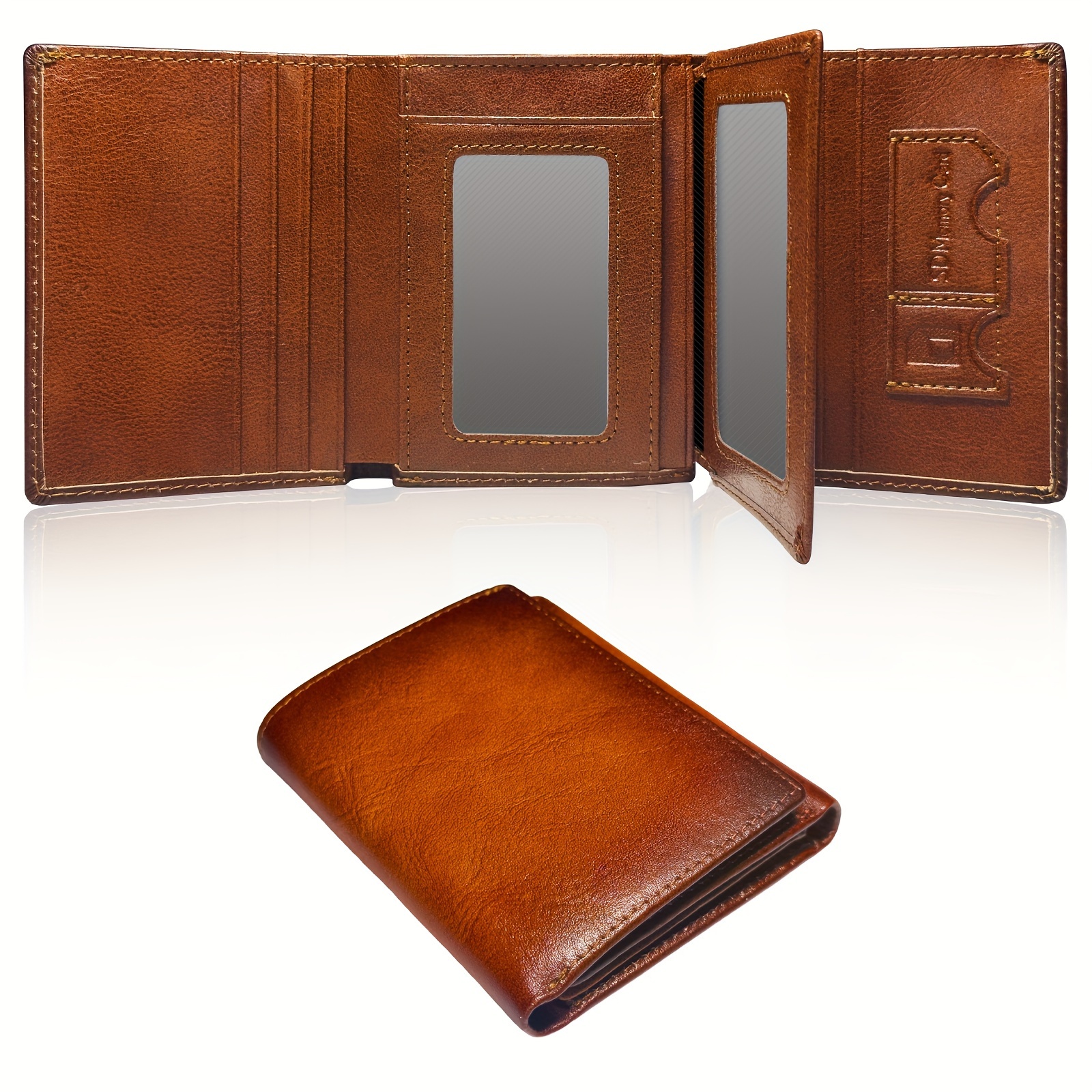 

1pc Portefeuille tri-fold en cuir de vachette pour homme avec blocage RFID, 10 emplacements pour cartes et 3 fenêtres pour carte d'identité - Grande capacité, style décontracté, cadeau pour homme