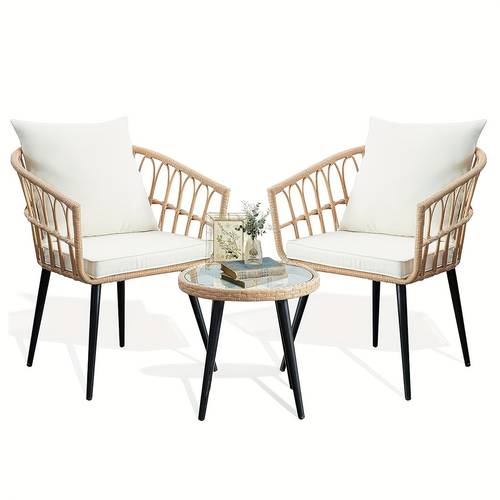 3pcs outdoor patio furniture set pe rattan bistro set for backyard balcony and deck with cushioned all weather pe rattan conversation chairs and glass side table