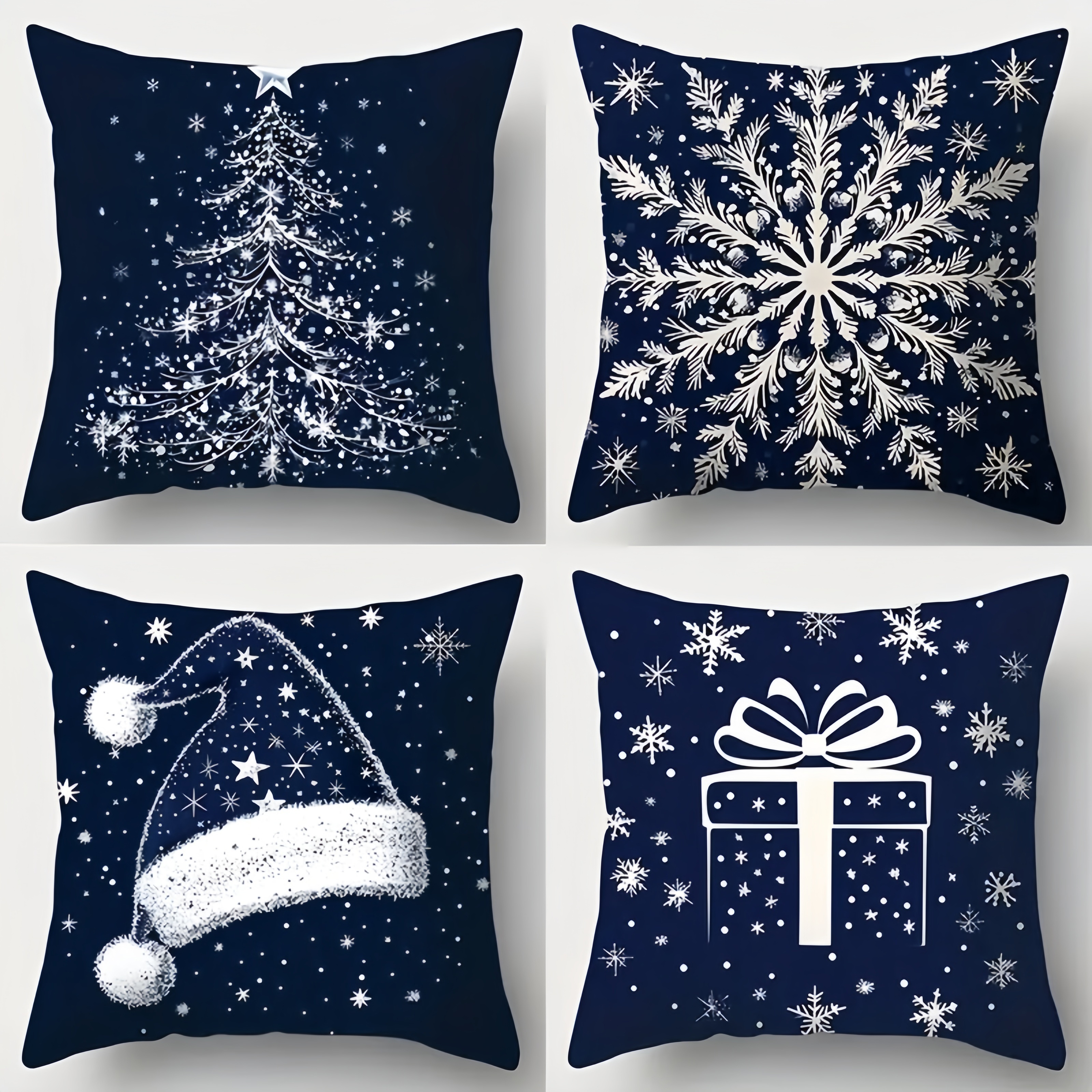 TEMU 4pcs Modern Christmas Pillowcase, Holiday Navy Blue And White Decorative Pillowcase, With Christmas Tree, Snowflake, Christmas Hat And Gift Box