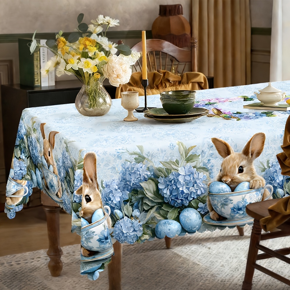 1pc Easter Party Tablecloth, Blue And White Decor, Floral And , European Style, Square Or Rectangular, Suitable For Dining Room, Party, Holiday, Outdoor, Durable Polyester Machine Washable