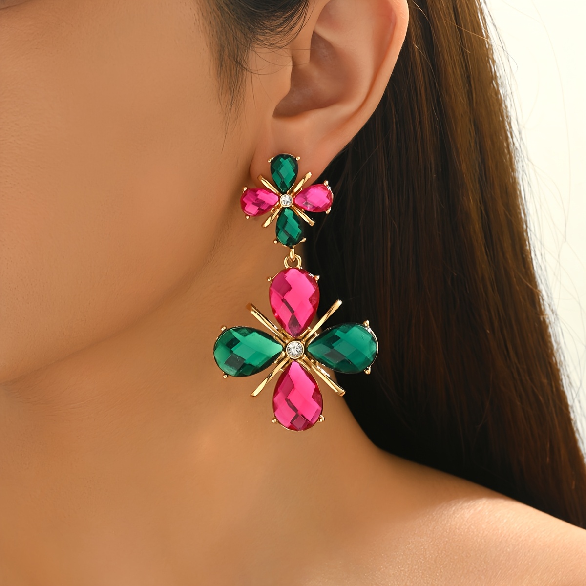 Women's Double-Layered Floral Earrings with Crushed Glass Accents