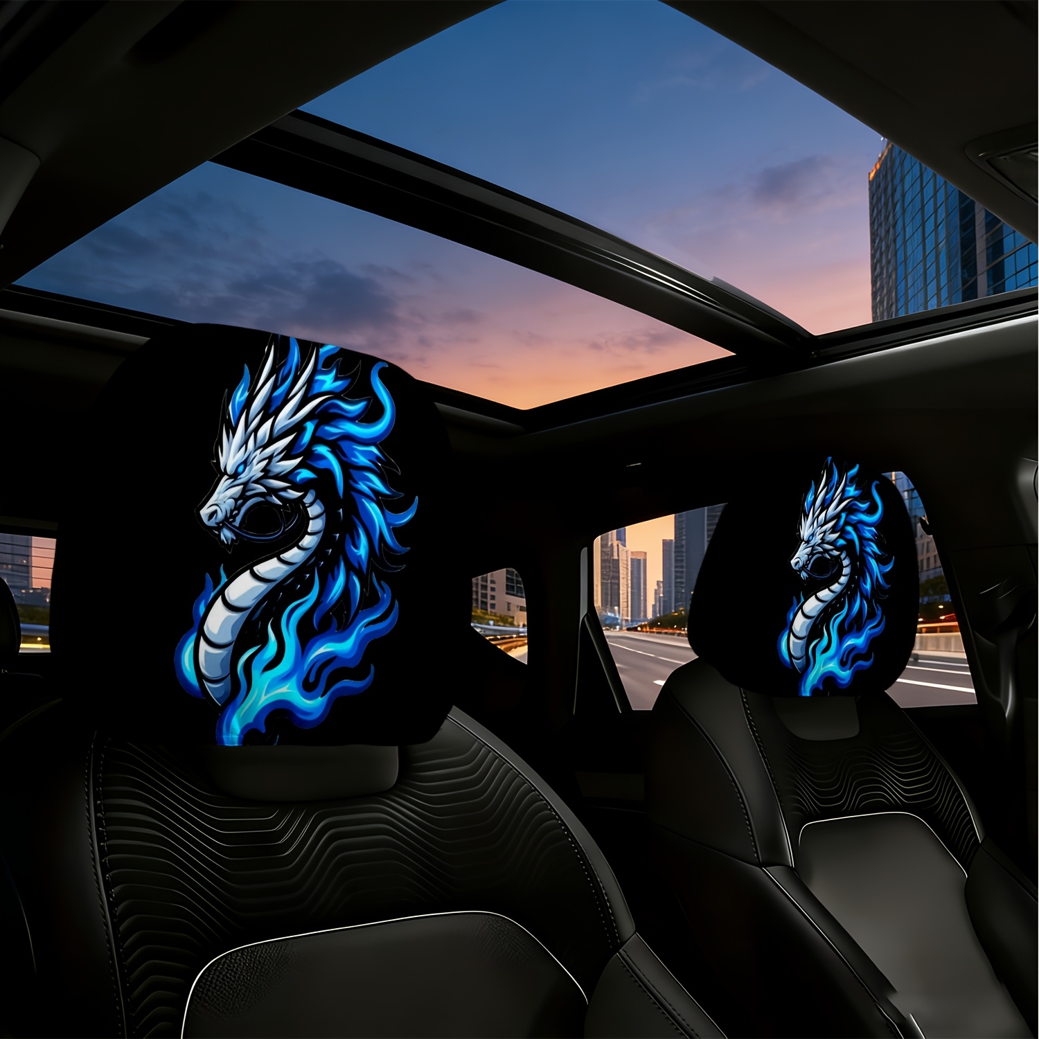 TEMU 2pcs 2d Printed Blue In A Coiling Posture Themed Universal Seat Headrest Covers, No Filling - Suitable For Car Interior Decoration, Daily