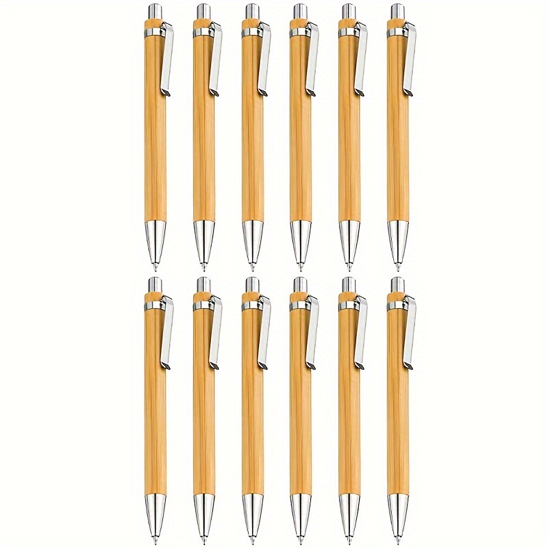 Image of 12pcs Bamboo Pen Set Creative Clip Press Bamboo Wood Ballpoint Pen Oily Portable Office Signature Pen
