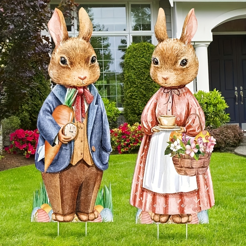 

39" Large Easter Bunny Yard Signs With Stakes – Rabbit Lawn Decorations For Outdoor Garden Party, Waterproof Plastic Easter Decor, No Required