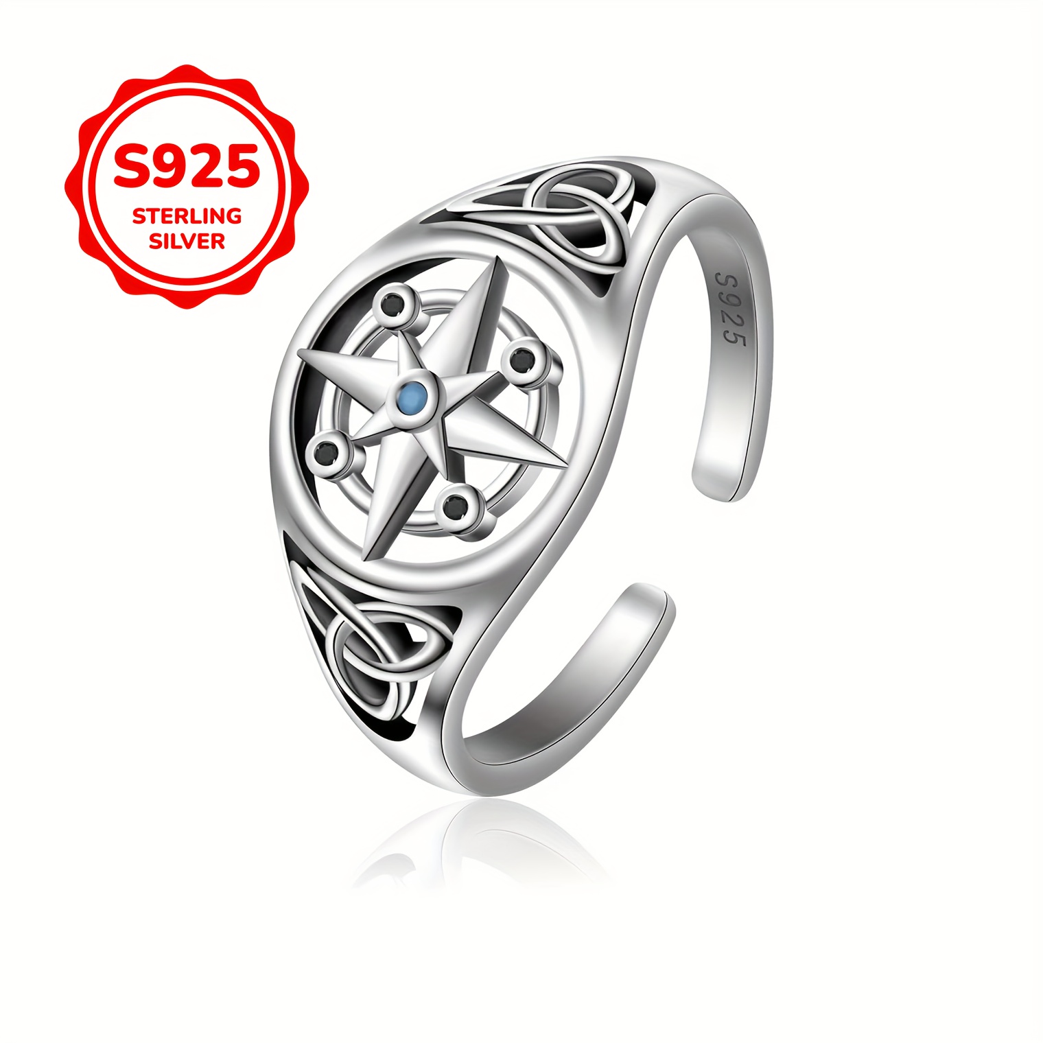 S925 Silver Compass Open Ring with Zirconia Inlay
