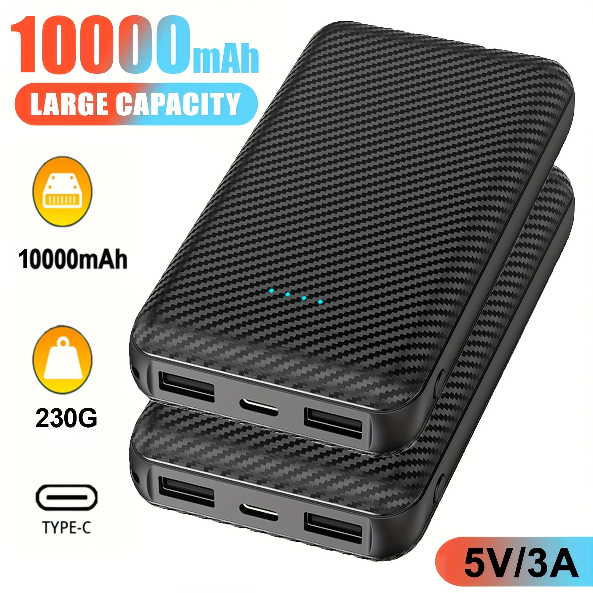 TEMU Batería Externa Portátil de 10000/20000Mah con Pantalla LED de Energía, Batería de Respaldo de Emergencia para Exteriores, Interfaz USB/Tipo-C,