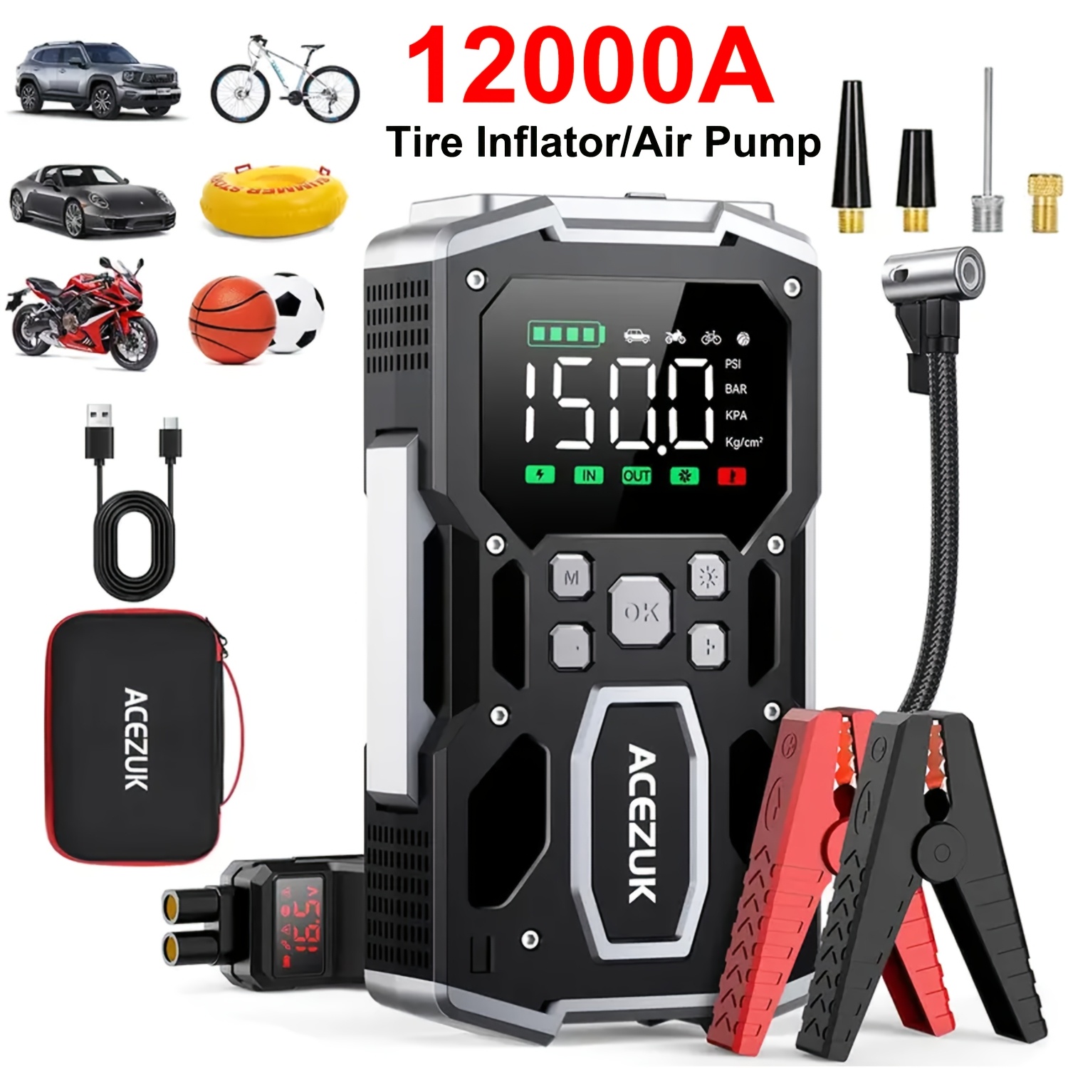 Image of Multifunctional 12v Jump Starter 12000a & 150psi Tire Inflator, Portable Emergency Car Battery Booster For All Gas & 10.0l Vehicles, Smart Clamps, Large Lcd Screen, Led Light & Eva Bag