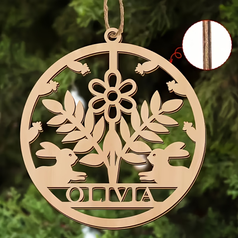 TEMU Personalized Engraved Snowman And Rabbit Christmas Ornament - Customized Family Name ( ) - Bohemian Style Wood Leaf Hollow Hanging Decoration -