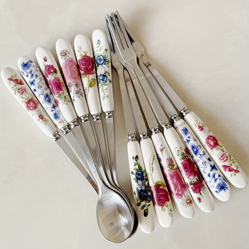 Image of 6/12pcs Ceramic Handle Stainless Steel Cutlery Set, Coffee Spoon, Ice Cream Dessert Spoon, Fruit Salad Fork, Creative Floral Pattern, Stirring Spoon, Afternoon Tea Utensils, Kitchenware