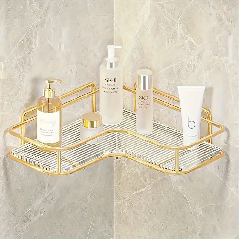 TEMU Luxury Triangular Bathroom Corner Shelf - Wall-mounted Storage Rack For Cosmetics & , No Metal Tubes Included, Shelves