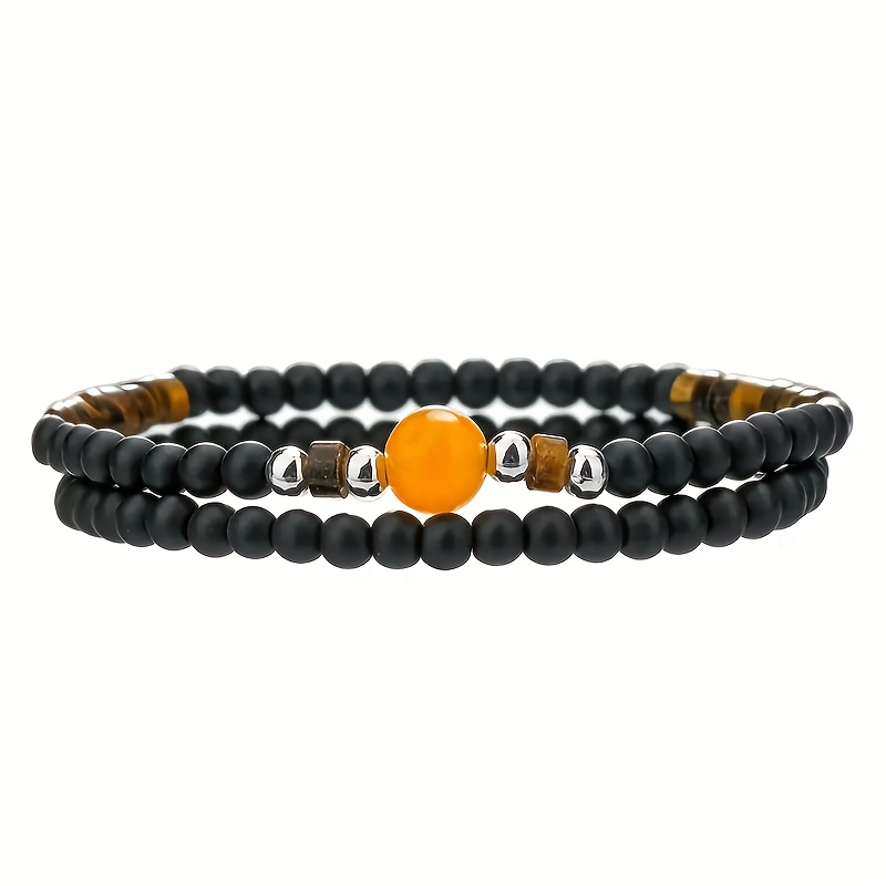 E-shop 2 Stück Naturstein Armband Set, Stilvolles Schwarzer Onyx Tigerauge Bernstein Perlen Armband für Männer, Einfaches Vielseitiges Handgelenkband