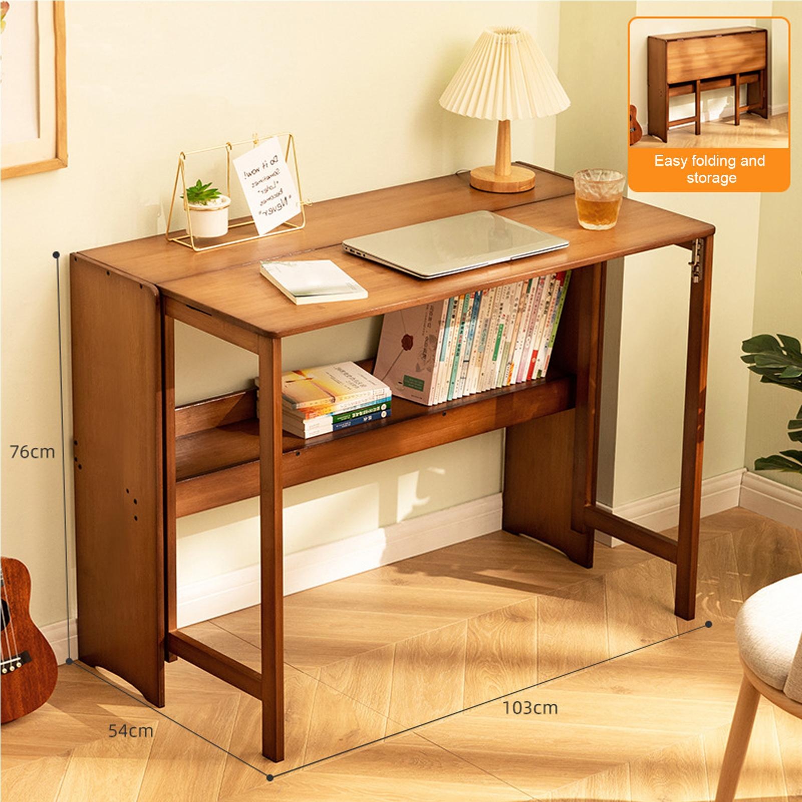 Multipurpose Folding Desk, 40.6 Inch Wide Wooden Table (Folds to 9.8in) - Space Saving Design with Storage for Home Office, Dining & Study