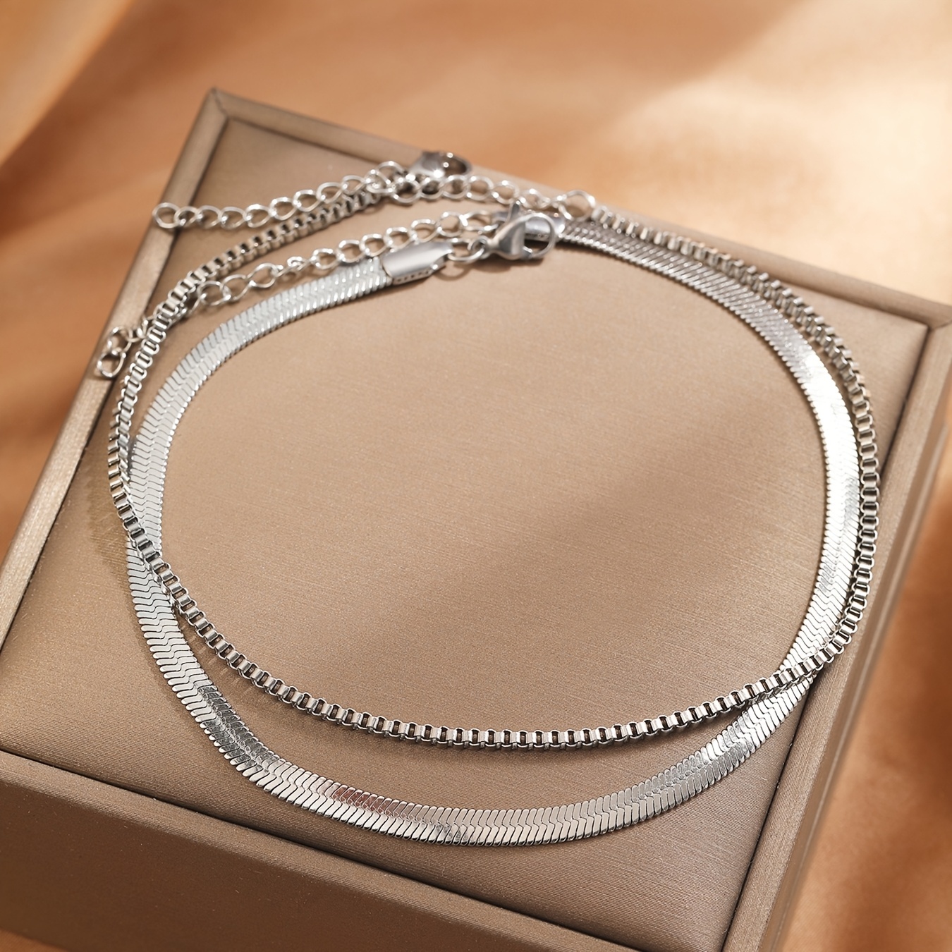 TEMU Tobillera de 2 piezas de acero inoxidable de capa con cadena de serpiente redonda para mujer, elegante y versátil con un diseño único, adecuada
