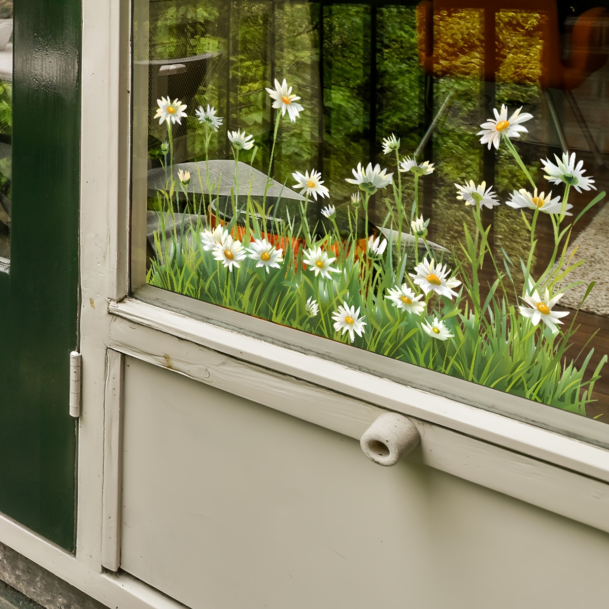 E-shop Weißes Gänseblümchen Gras Fensterfolie - Abziehbarer Selbstklebender Blumengarten-Aufkleber, Frisches Frühlings- Sommerblumen-Design, Ideal für