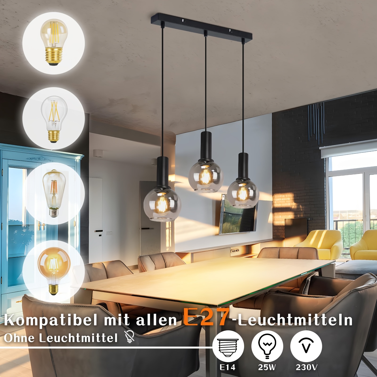 Pendant Light Dining Table 4 Flammig Smoke Grey Glass E27 Height Adjustable For Restaurant Bedroom (bulb Not Included)