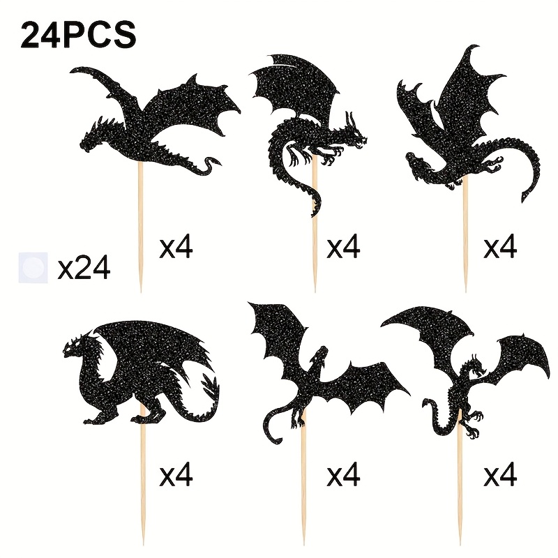 Image of 24pcs, Glitter Dragon Cupcake Toppers, Dinosaur Cake Topper, Birthday Cupcake Picks, For Flying Dragon Theme Shower Birthday Party Cake Decorating Supplies