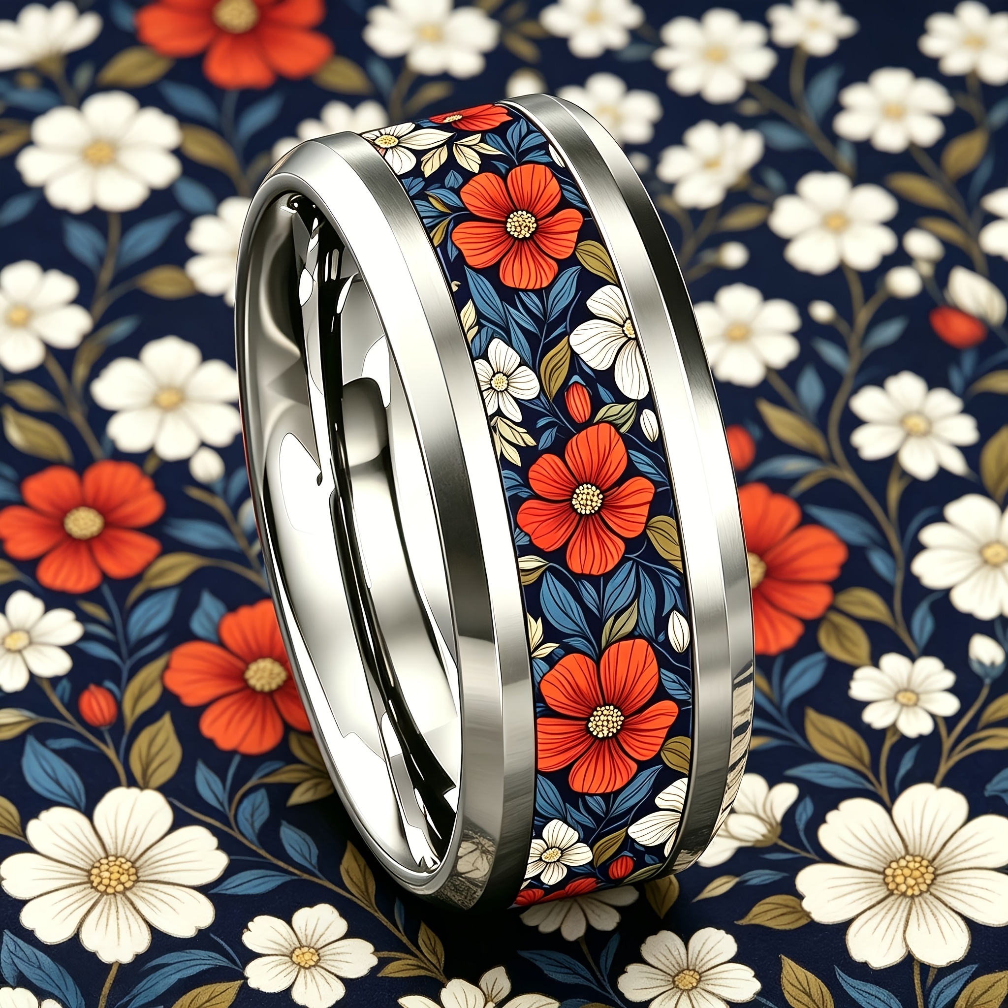 Navy Blue Daisy Branches 304 Stainless Steel Ring