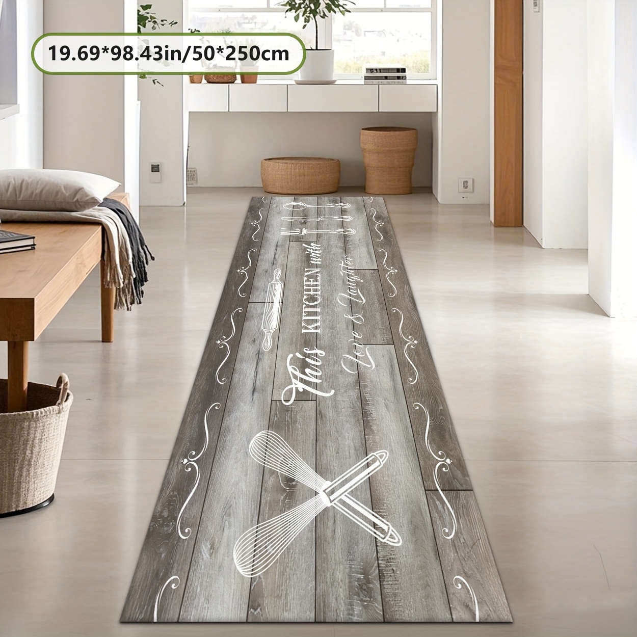 TEMU Zulida Extra-long Kitchen Mat With Culinary Utensil Design & " Kitchen " Quote - Soft Polyester Machine-washable Floor Mat For Home & Commercial