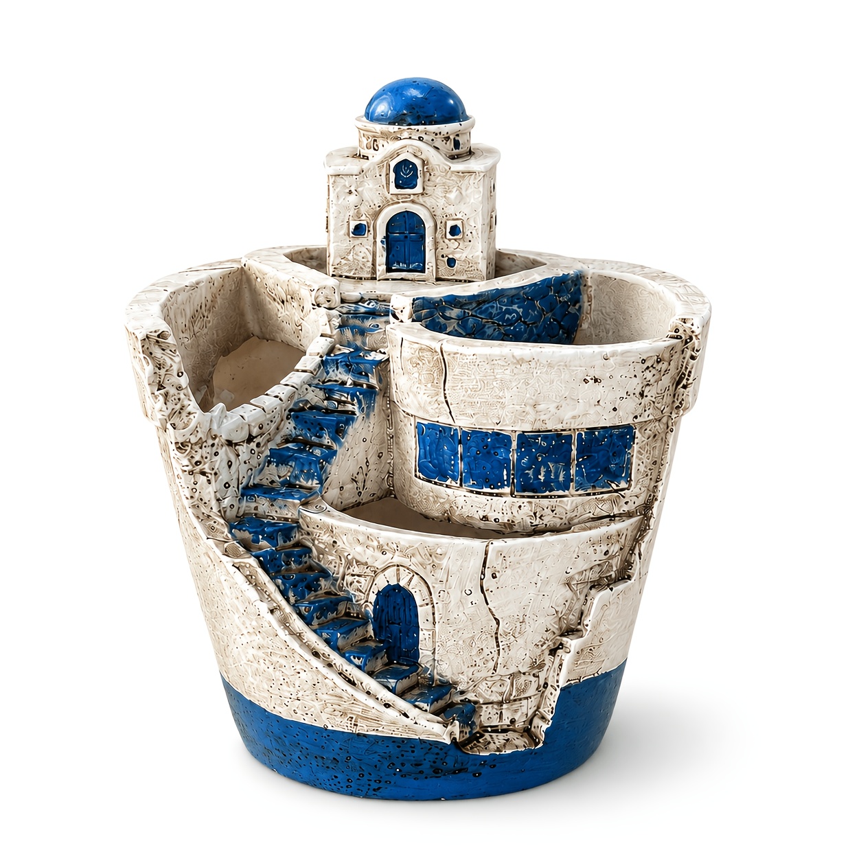TEMU 1pc Creative Blue And White Stepped Castle Resin Planter Ornament, Distressed Texture Multi-compartment Flower Pot With Stepped Platform And ,