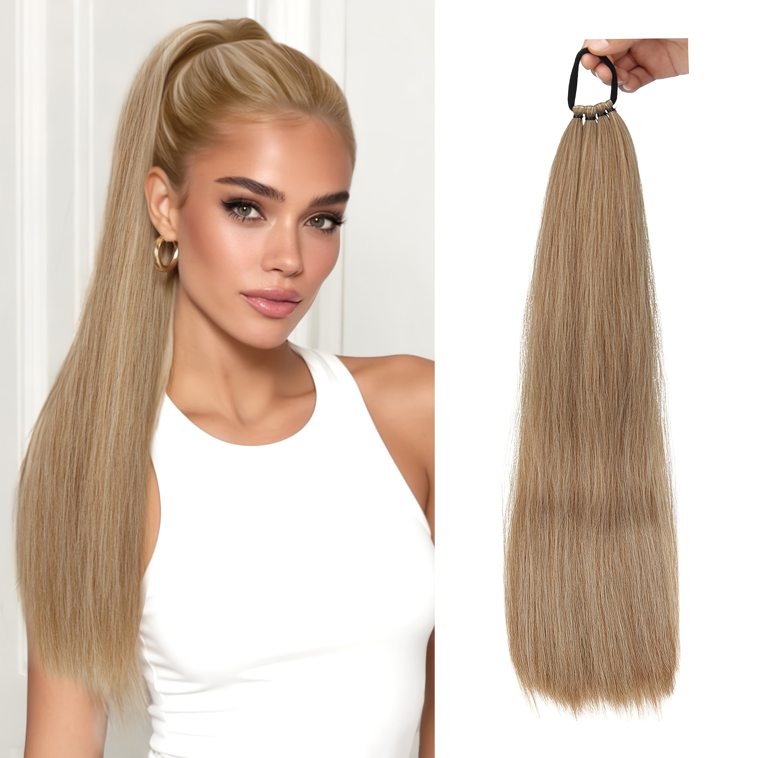 TEMU Long Straight Ponytail Hair Extension - Ponytail Hairpiece With Elastic Band For , Parties, Daily Use, Durable And Versatile For All Types