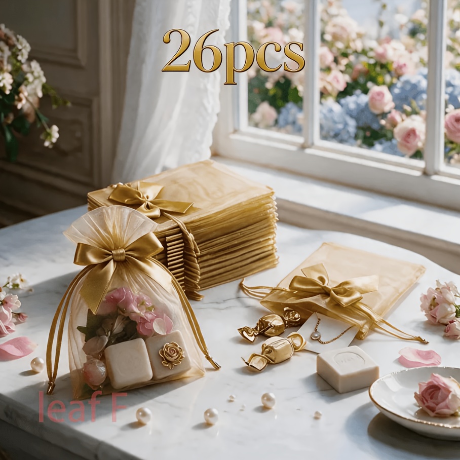 TEMU 26pcs Petites pochettes dorées en organza avec cordon de serrage, mini sacs en transparents, adaptés au stockage d'articles petits, bijoux,
