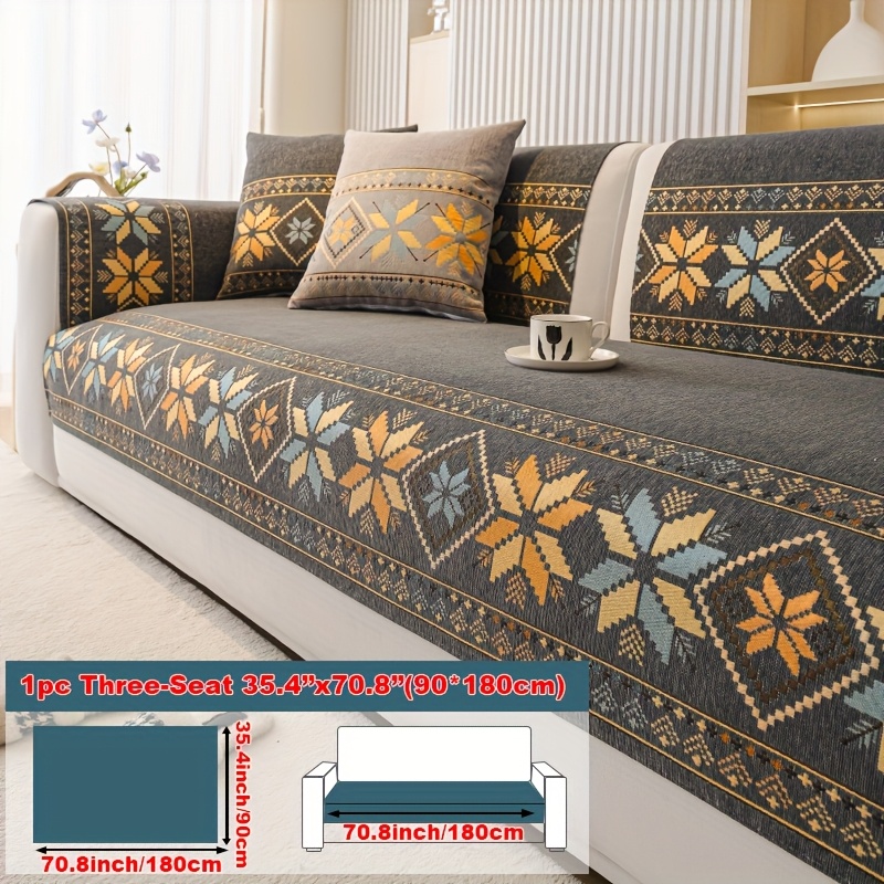 TEMU 1pc Bohemian Snow Sofa Slip Cover Sofa Cover, Geometric Embroidery Sofa Cover, Pet , Thick Plush Cover, Furniture Protection Cover, Bedroom,