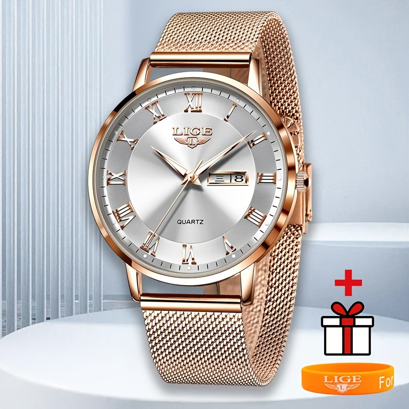 Image of Lige Women's Elegant Luxury Quartz Watch With Date & Day Display, Rose Golden-tone Stainless Steel Mesh Band, Night Light Feature, Luxury Watch | Luxury Women's Watch | Rose .