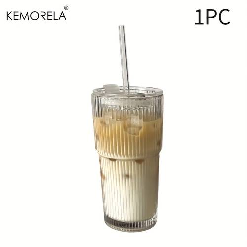 1pc 2pcs 20oz ribbed glass tumbler with lid and glass straw heavy duty reusable machine washable iced coffee smoothies cocktails juices for home