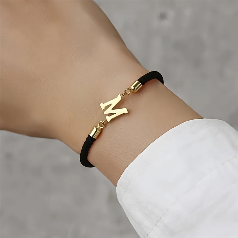 

1pc Stainless Steel A-z 26 Letters Charm With Classic Black Rope, Durable Bracelet For Girls, Meaningful Birthday, Party Gift, Mother's Day Gift