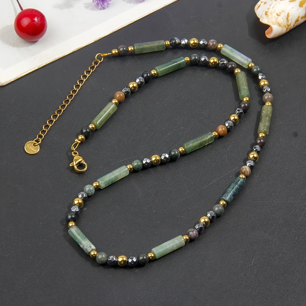 Women's Minimalist Cylinder Bead Necklace with Golden Accents