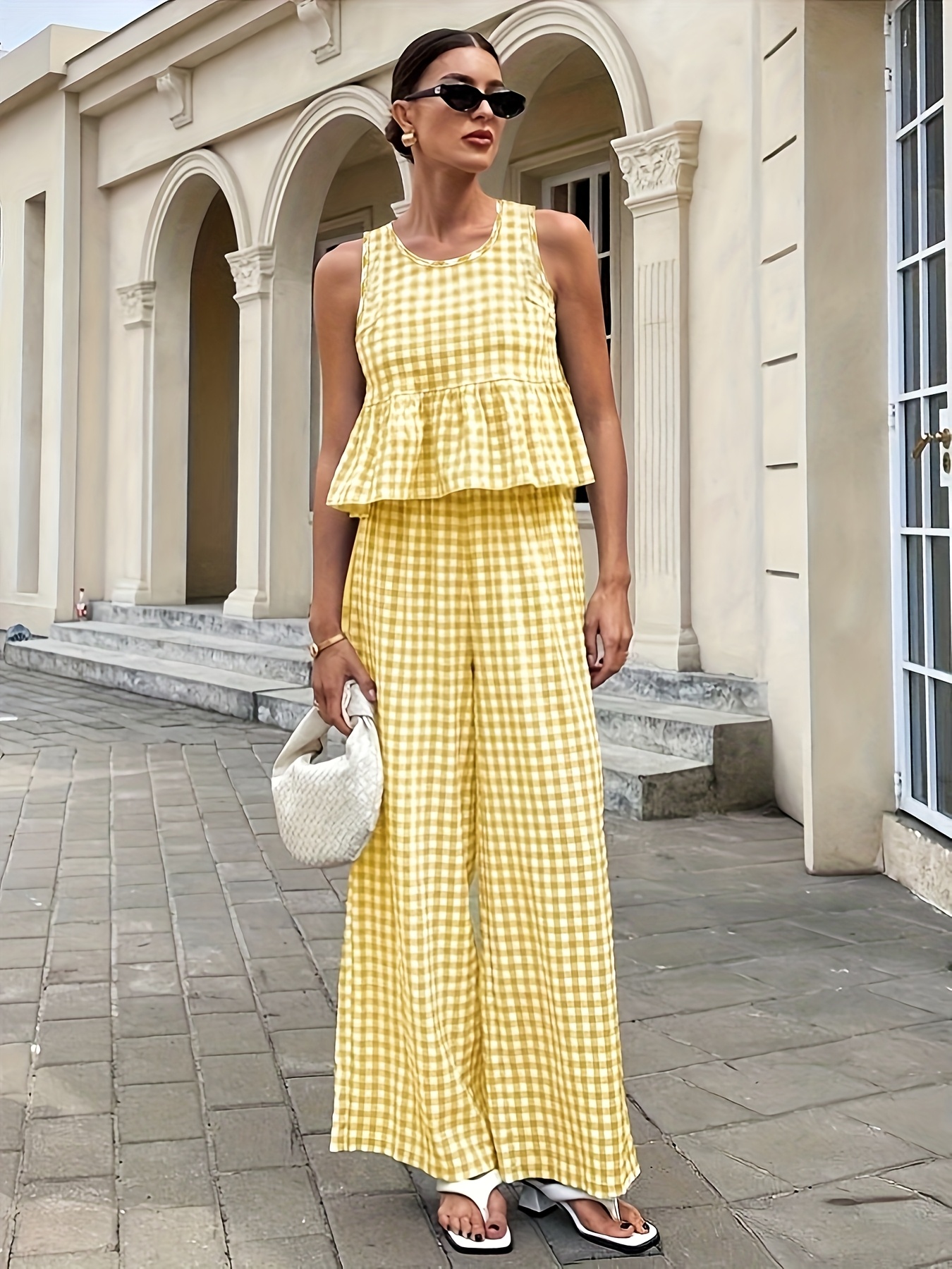 tenue dété 2025 femmes ensemble vert blanc à carreaux ourlet