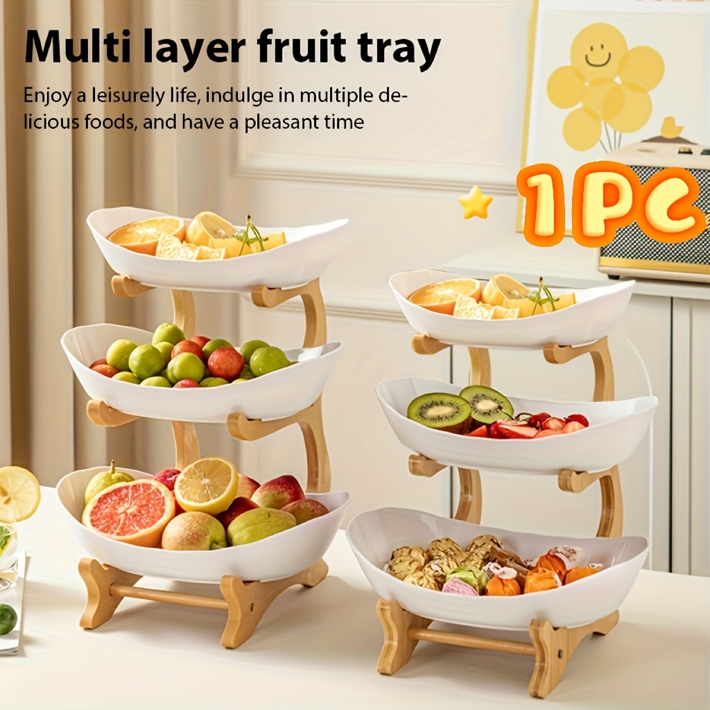 E-shop 3-stufiger ovaler PC (Polycarbonat) Obst- Gemüsekorb mit robustem naturholzähnlichem Stand – platzsparende Küchenarbeitsplatten-/Schrankablage