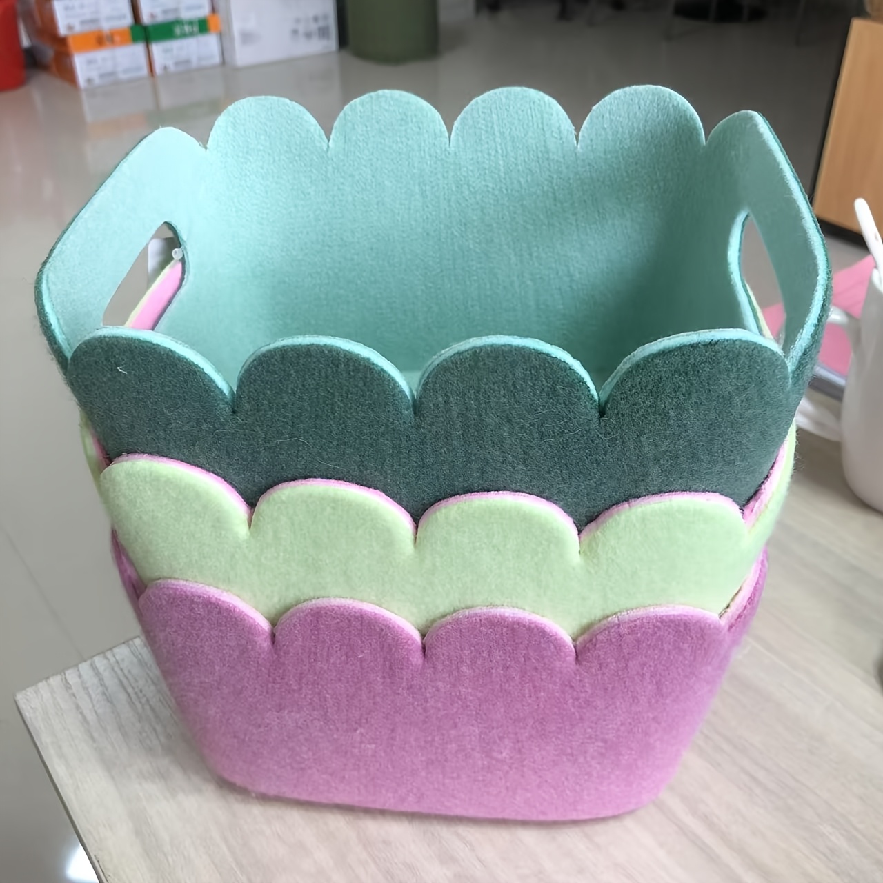 3pcs Cute Felt Storage Baskets | Polyester, , Ideal For Home Organization And Desktop Book Storage, Shelf Baskets