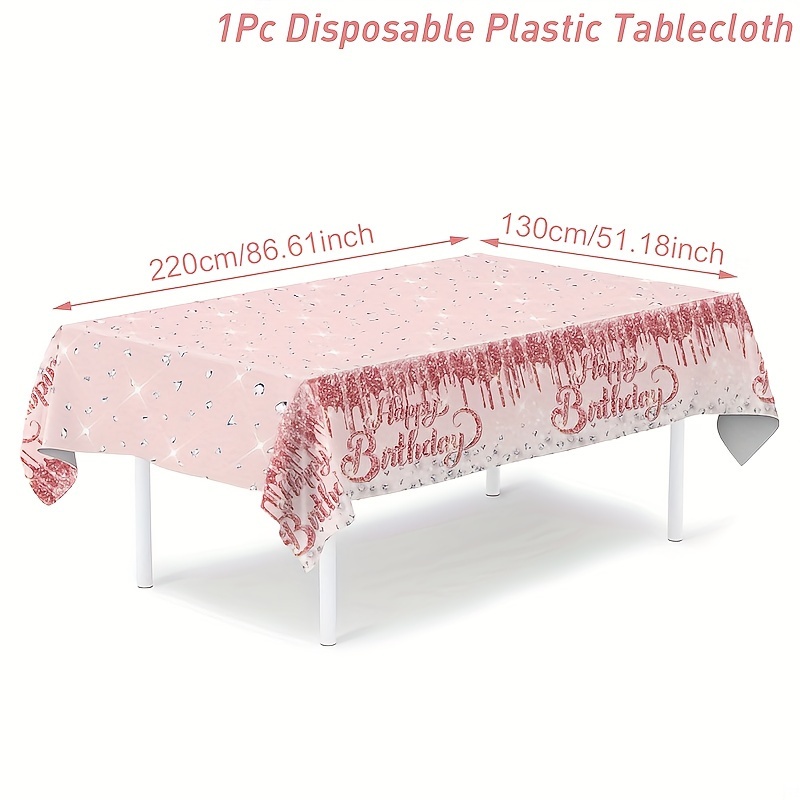Image of 1pc, Diamond Design Pink Themed Happy Birthday Table Cover, 130*220cm Rectangular Table Cover, Rose Pink Plastic Table Cover, Birthday Celebration Decoration Supplies, Home Table Decoration
