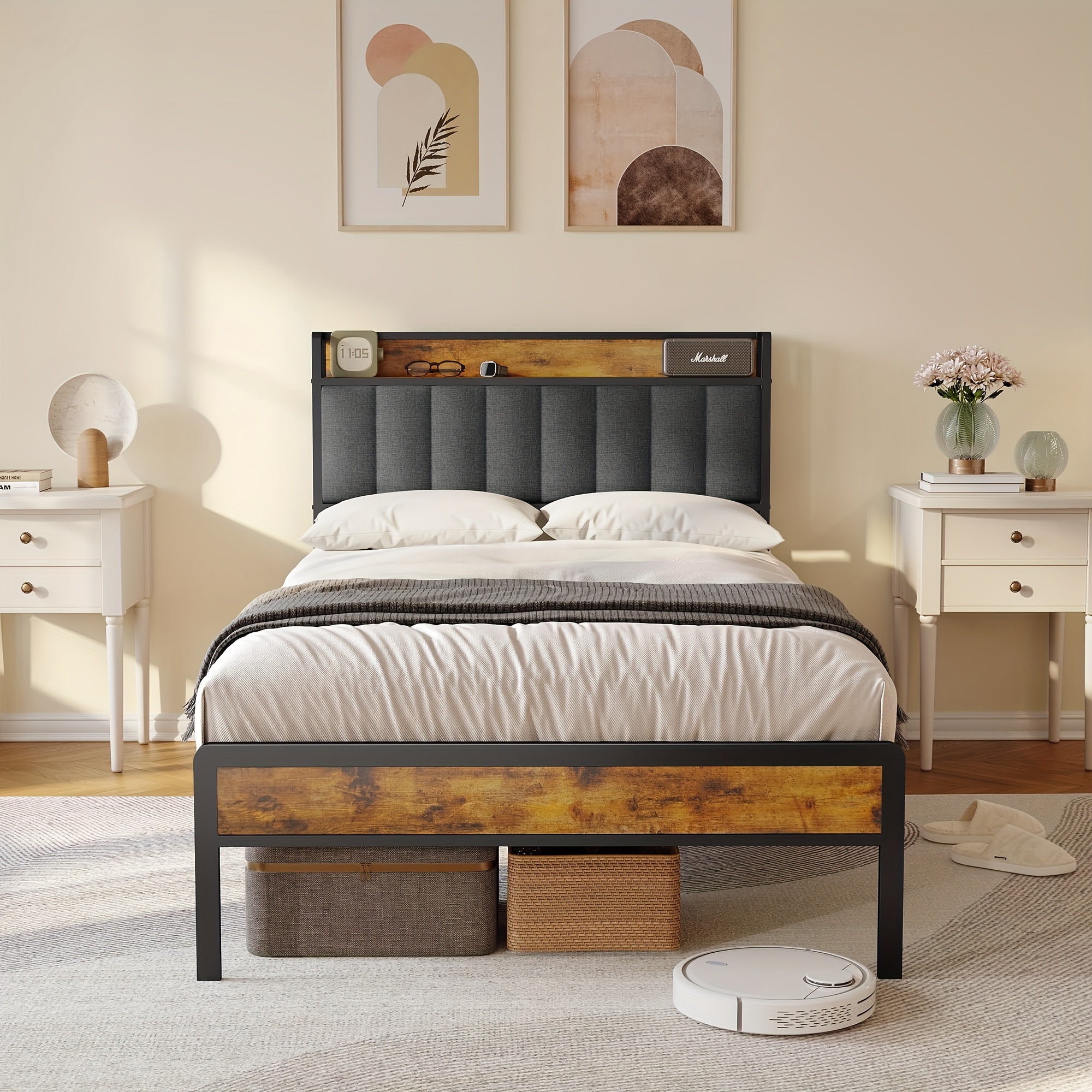 TEMU Stylish Upholstered Wooden Bed With Metal Frame, Elegant Double Bed With Wooden Slatted Support And Supportive Headboard - Perfect For Any