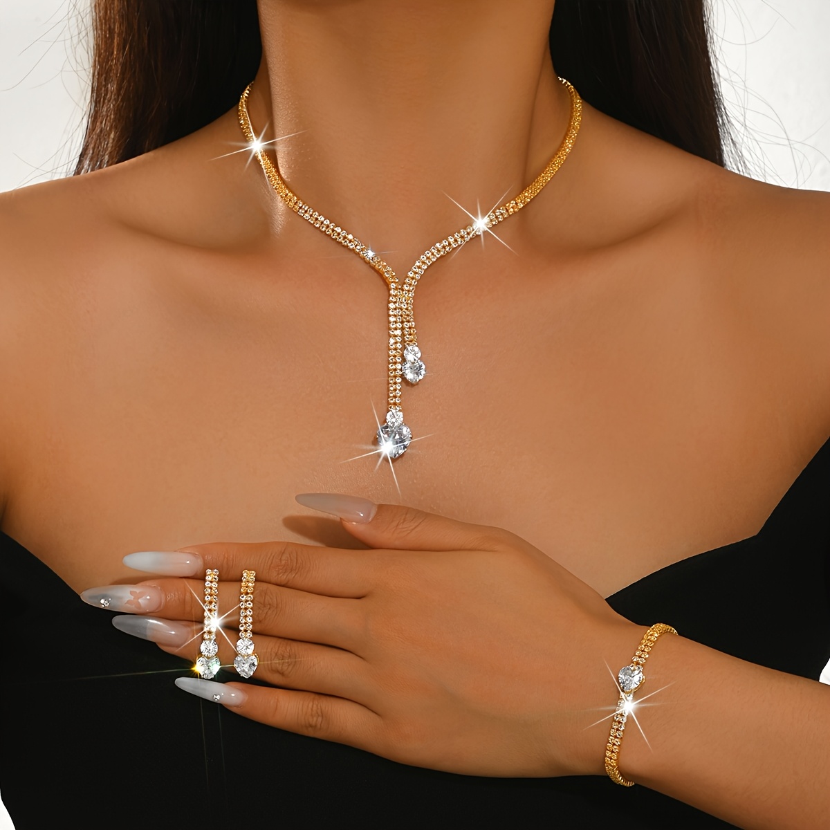Y-Shaped Heart Drop Necklace, Earrings & Bracelet Set, Elegant Accessories